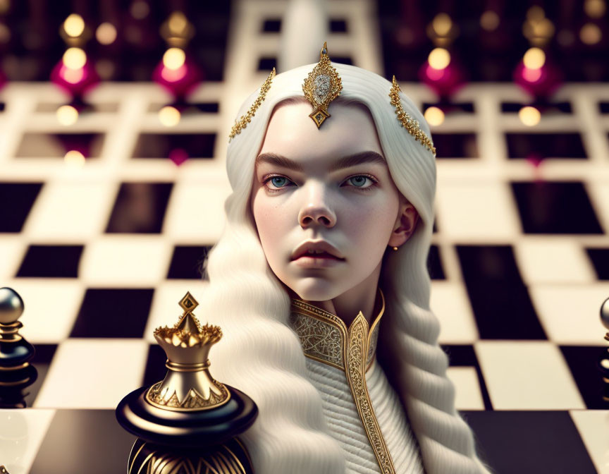 3D White Queen Chess Piece Artwork on Chessboard