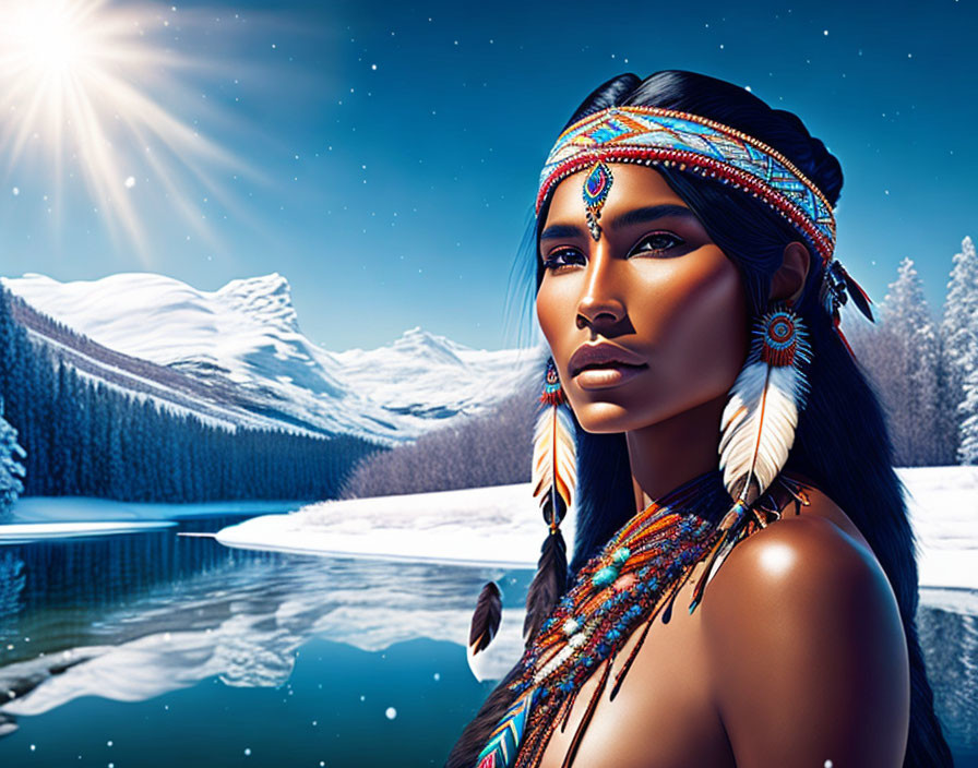 Illustration of Native American woman in traditional attire by snowy mountain and sunlit river