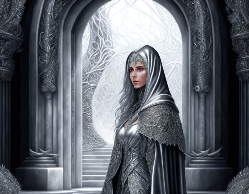 Detailed Silver Gown and Cloak Woman in Front of Ornate Gothic Archway