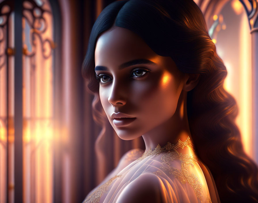 Digital artwork: Dark-haired woman gazes away in golden light near ornate window ironwork