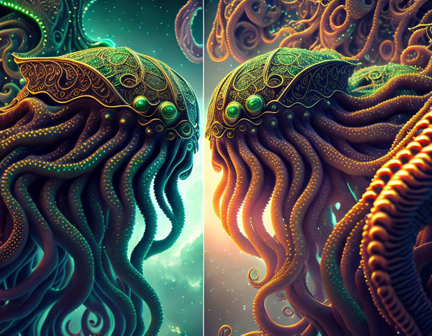 Symmetrical octopus-like creatures in vibrant digital artwork
