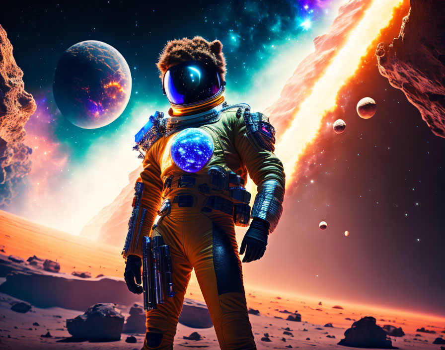 Astronaut in yellow suit on rocky alien planet with colorful nebulas and moons
