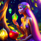 Mystical elf with pointy ears admires glowing green gem in enchanted forest