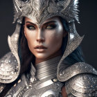 Detailed portrait of a woman in ornate silver armor with intense gaze and dark makeup