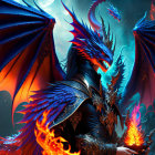 Majestic blue dragons with fiery eyes in mystical cavernous setting