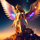 Ethereal figure with luminous wings on mountain under starlit sky