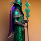 Person in Green and Purple Armor with Spear and Dagger