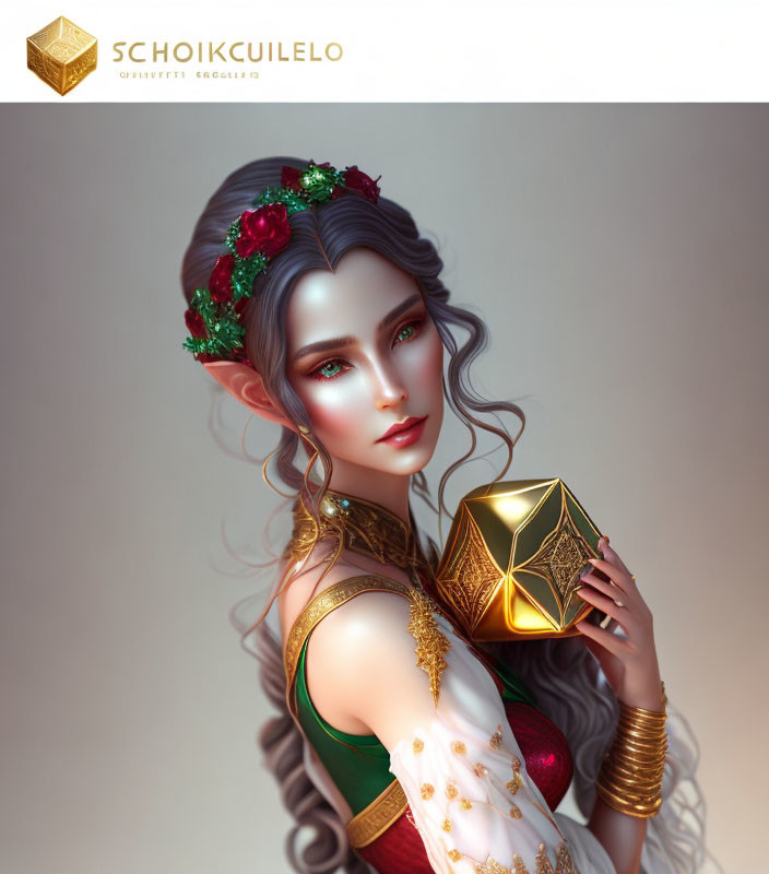 Fantasy character with gray wavy hair, green eyes, red and white dress, golden bracelets,