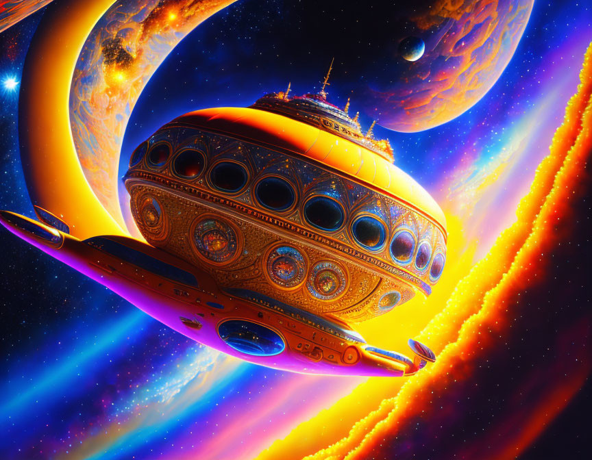 Futuristic spaceship art with vibrant colors and cosmic backdrop