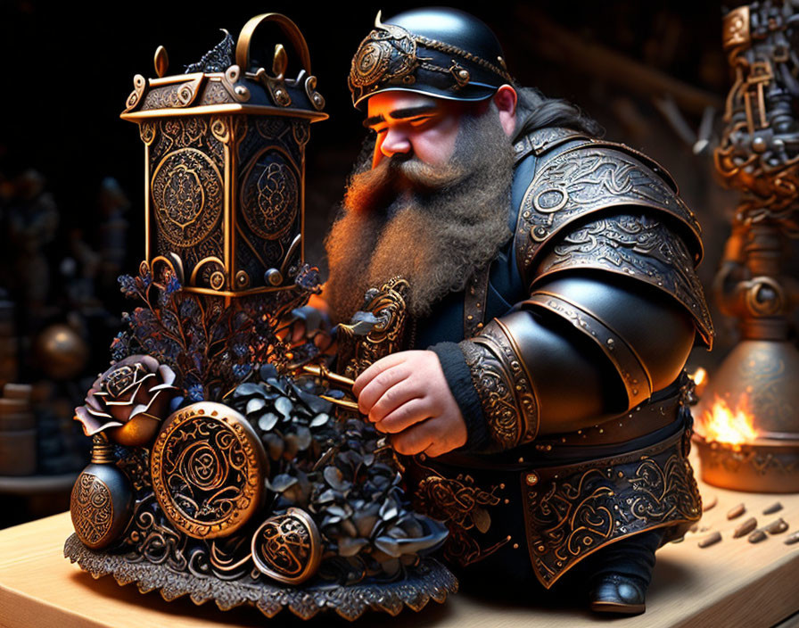 Detailed artwork of bearded dwarf craftsman in workshop crafting mechanical object
