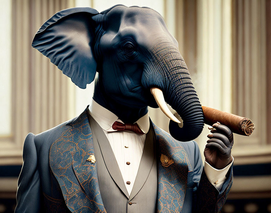 Anthropomorphic Elephant in Suit with Cigar