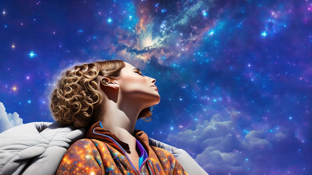 Curly-haired woman gazes at cosmic background with stars and nebulae
