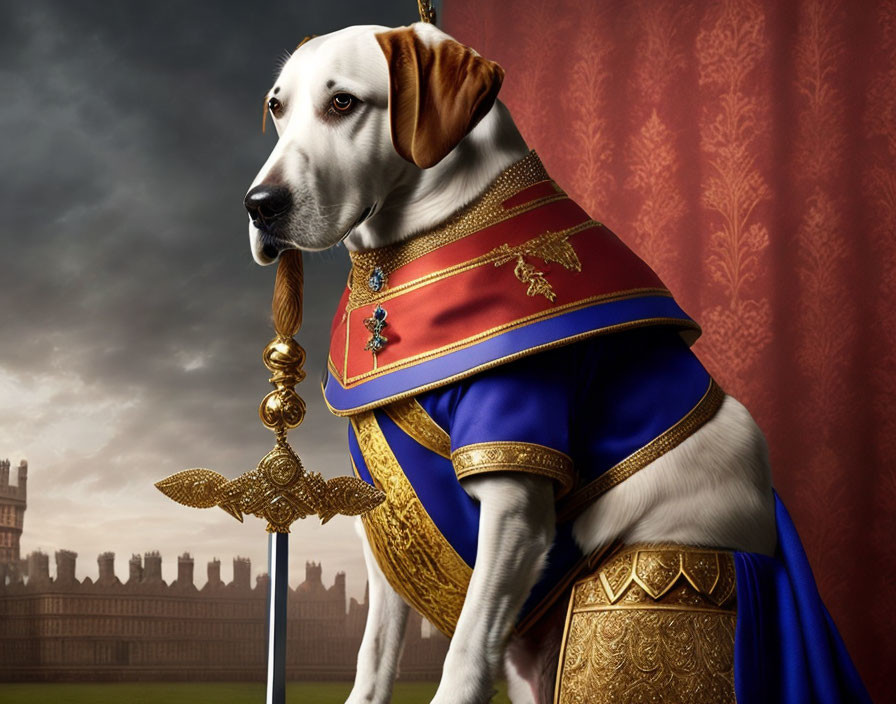 Great Dane in historical attire with scepter in front of castle and red drapery