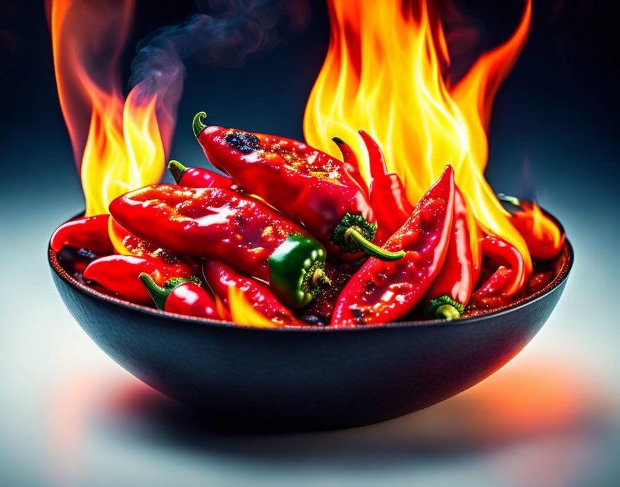 Vibrant red chili peppers in flames on dark blue background