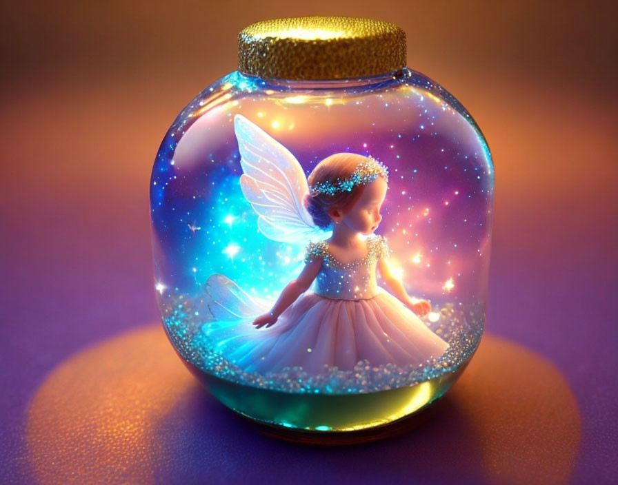 Ethereal fairy with delicate wings in glass jar on purple background