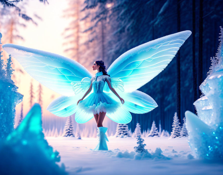 Person in fairy costume with glowing blue wings in snowy forest