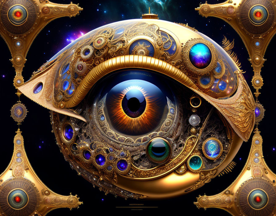 Intricate mechanical eye with golden gears on cosmic backdrop
