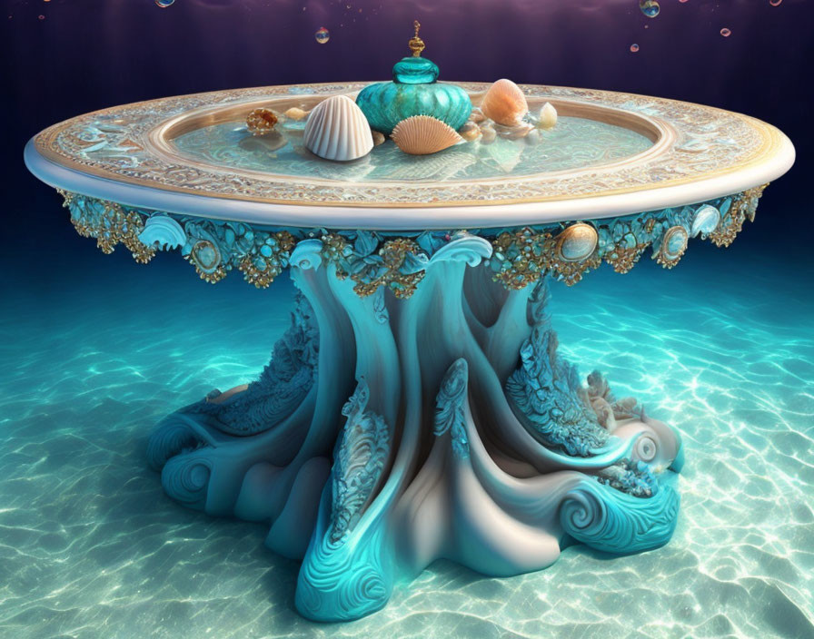 Turquoise and Gold Seashell Motif Table with Water Droplets