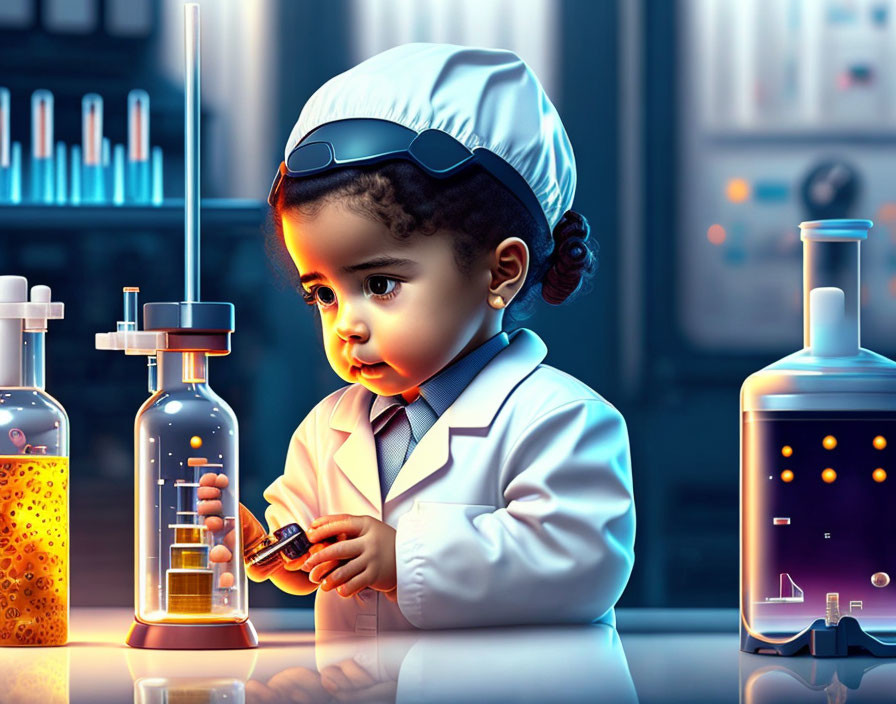 Vibrant cartoon-style illustration of child scientist in lab setting