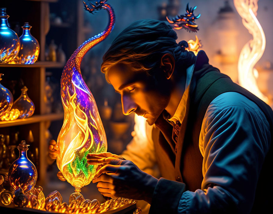 Man observing mystical flame from potion bottle among enchanted artifacts