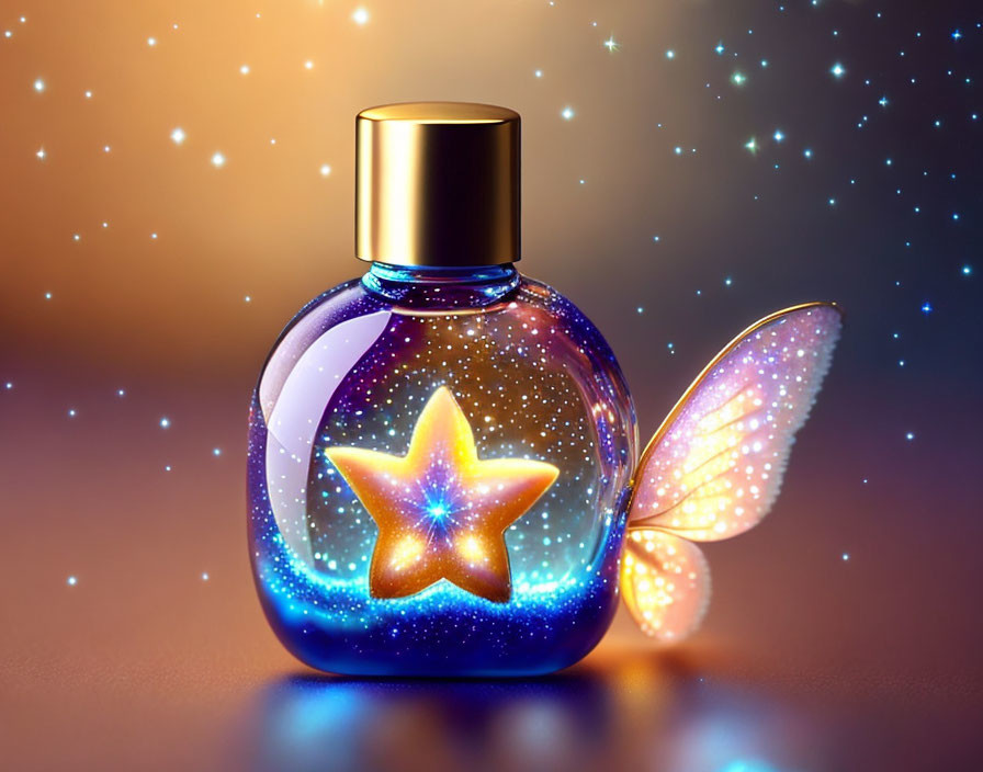 Shimmering star and butterfly-themed perfume bottle on amber background