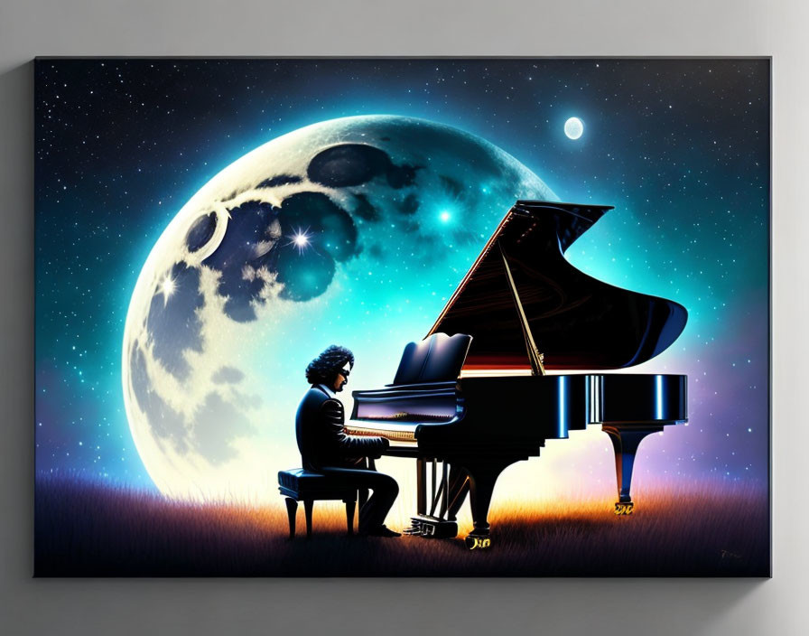 Person playing grand piano under starry sky with large moon in vibrant artistic style