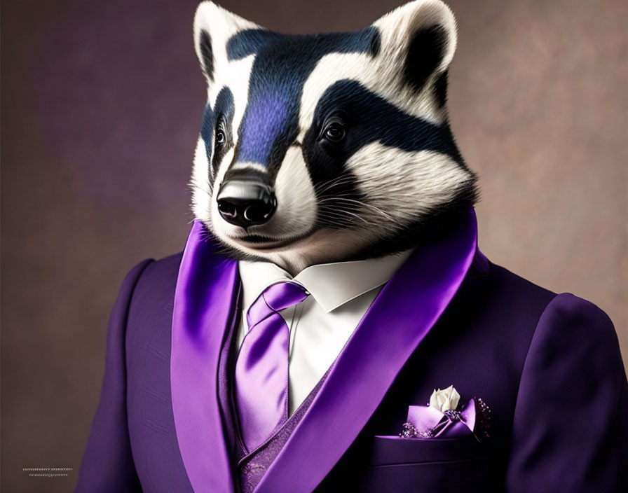 Human-like Badger in Purple Suit on Brown Background