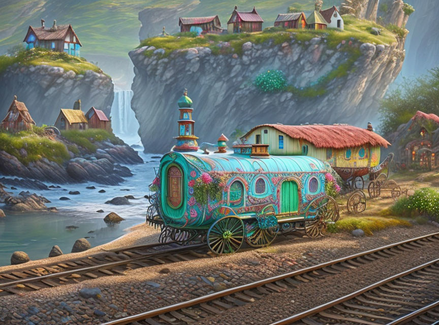 Colorful Gypsy-Style Wagon on Train Tracks with Whimsical Background