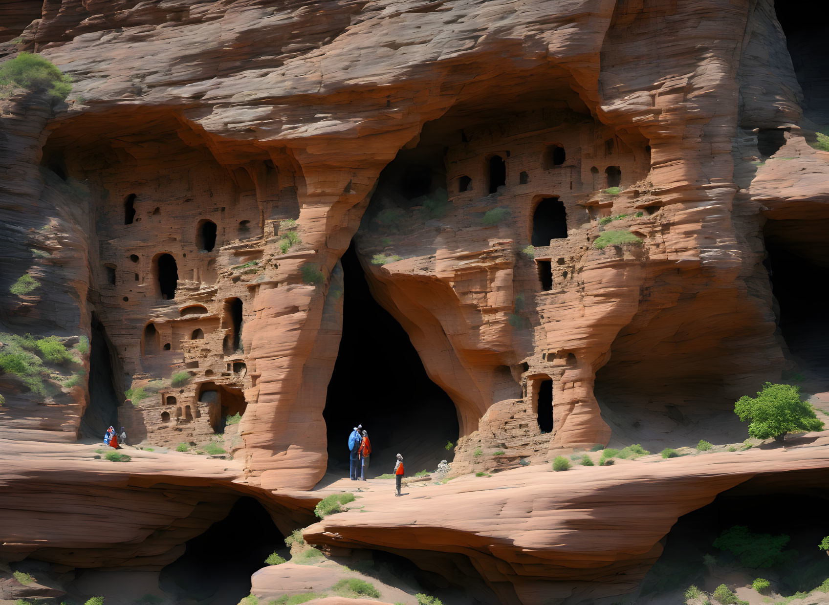 Ancient Cliff Dwellings Explored by Hikers on Red Sandstone Formation