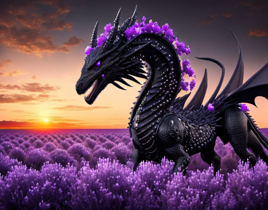 Majestic Black Dragon with Purple Accents in Lavender Field