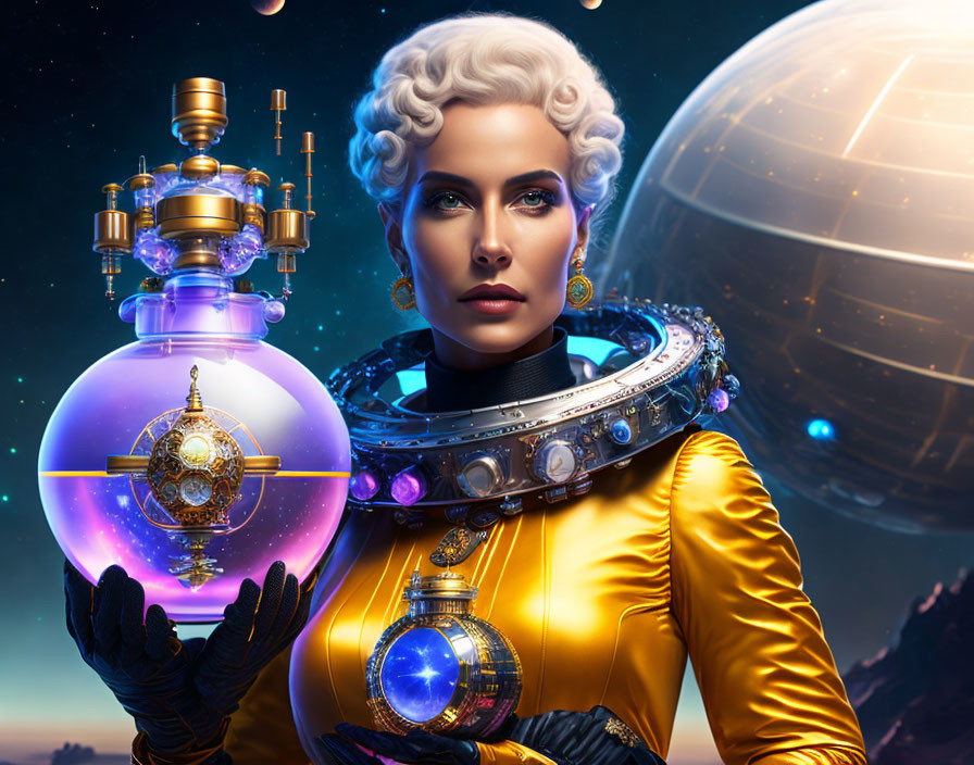 Futuristic woman with white hair and cybernetic attire holding a glowing orb in space