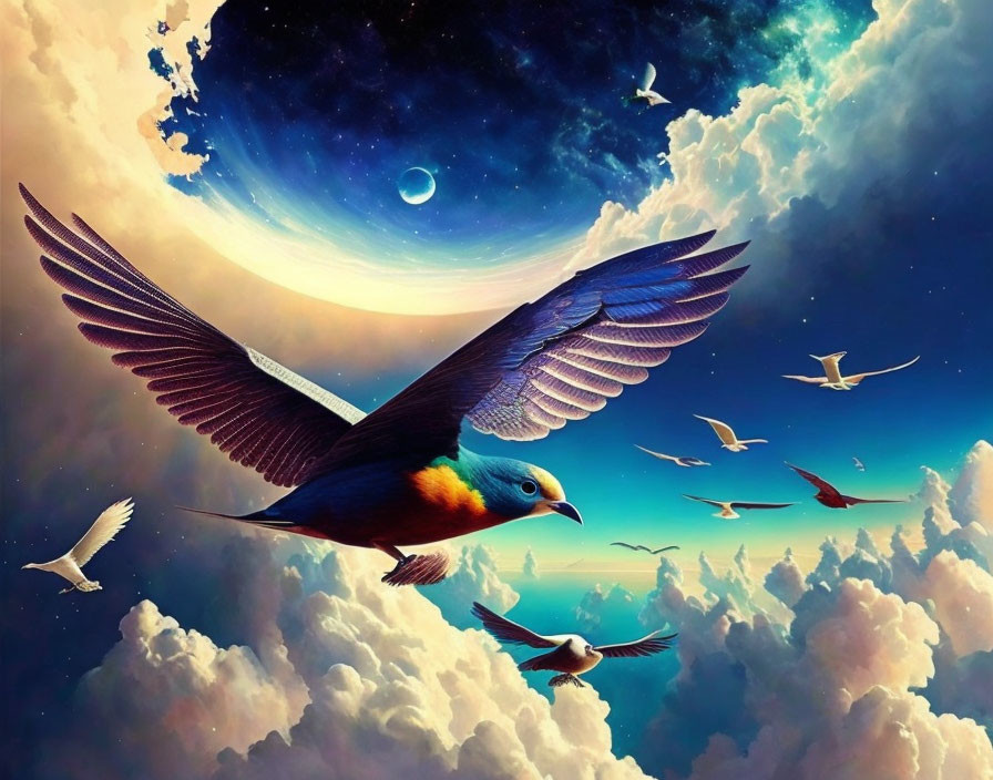 Colorful bird in surreal sky with planets and stars