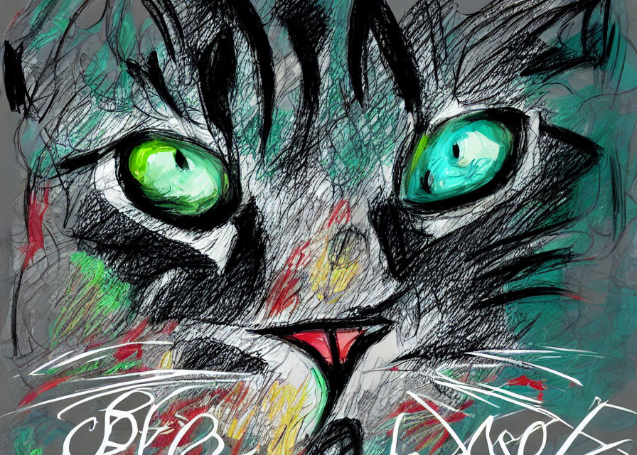 Colorful Digital Drawing of Cat's Face with Green Eyes