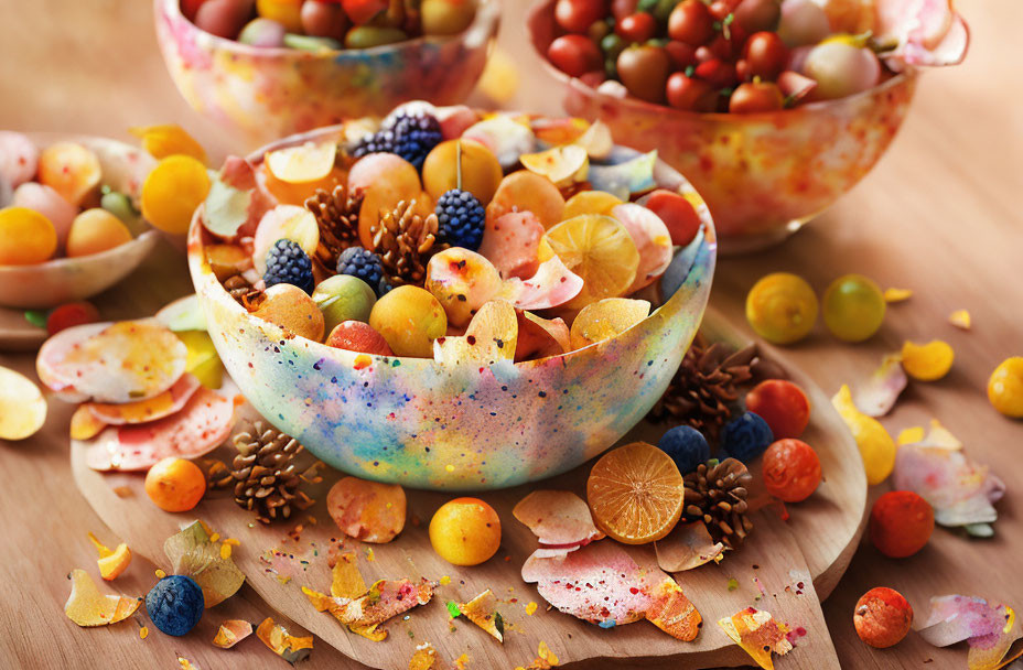 Assorted fruits and berries with edible flowers and nuts on wooden surface