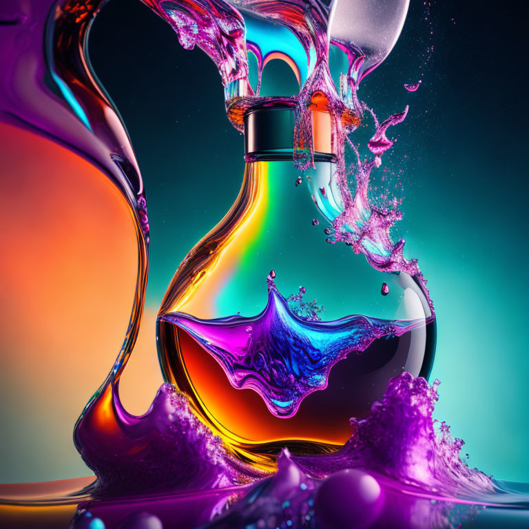 Colorful liquid splash in transparent vessel on gradient background