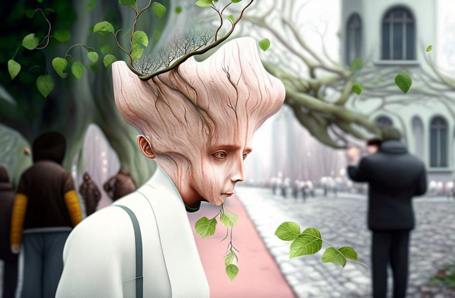 Surreal portrait: person with tree-like head in urban crowd