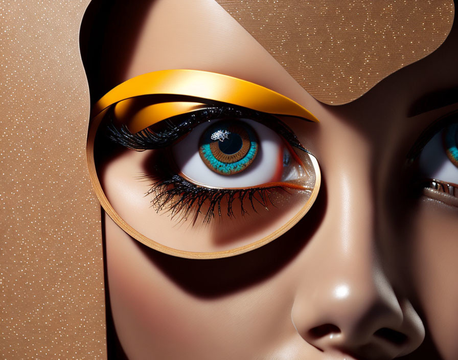Detailed graphic human eye with golden eyewear on textured brown background