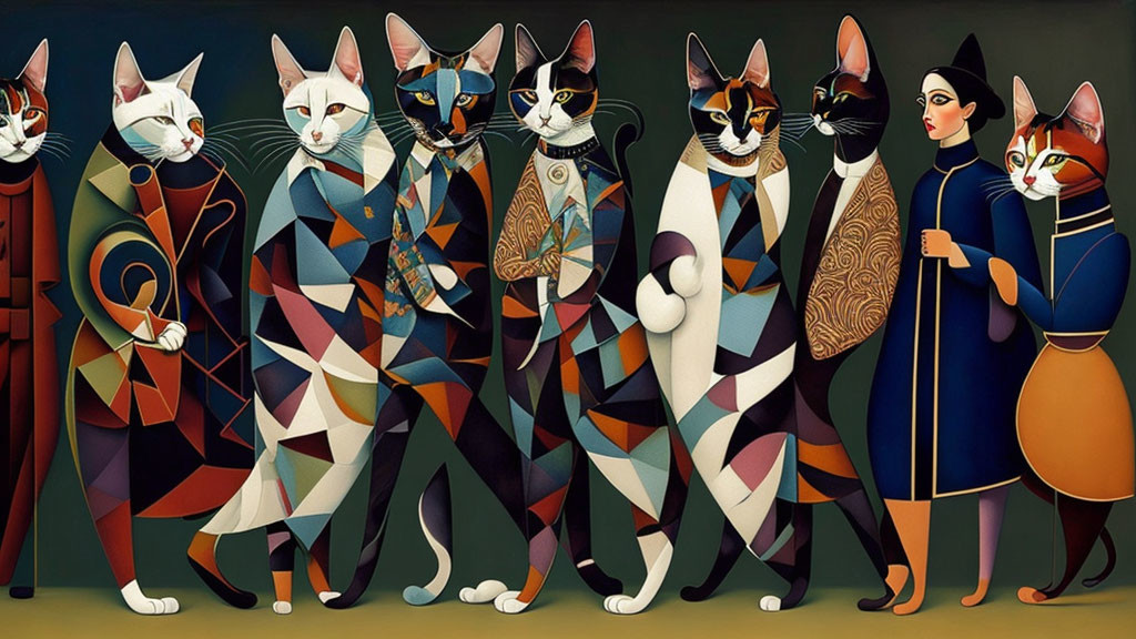Colorful geometric design featuring cats in human clothing standing upright