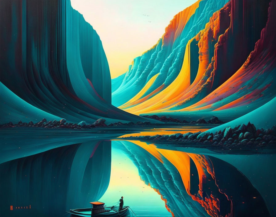 Colorful Digital Artwork of Serene Landscape with River, Boat, and Figure