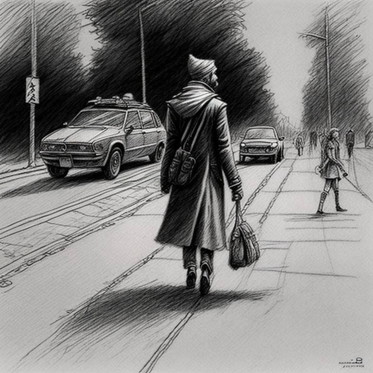 Urban street scene with person walking and cars in background