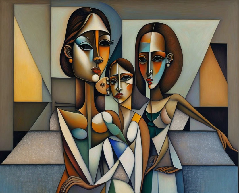 Stylized painting of four elongated figures in warm colors