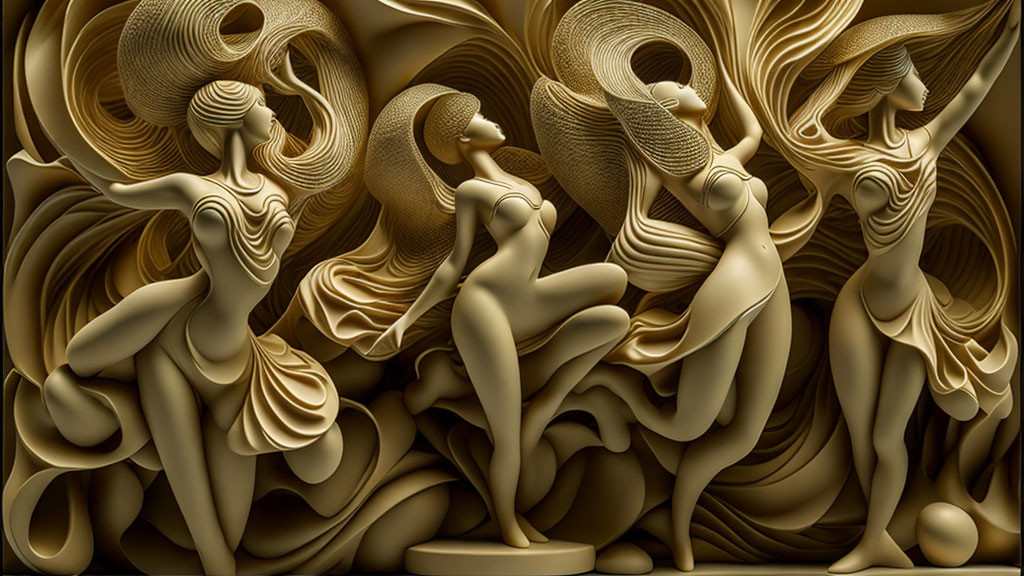 Monochromatic bas-relief sculpture of female figures in fluid, stylized poses
