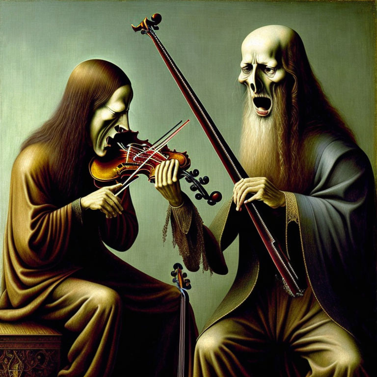  Three men playing a one single violin 
