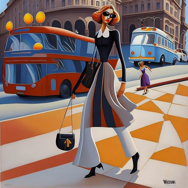 Stylized painting of elegant woman with sunglasses and dog in retro cityscape