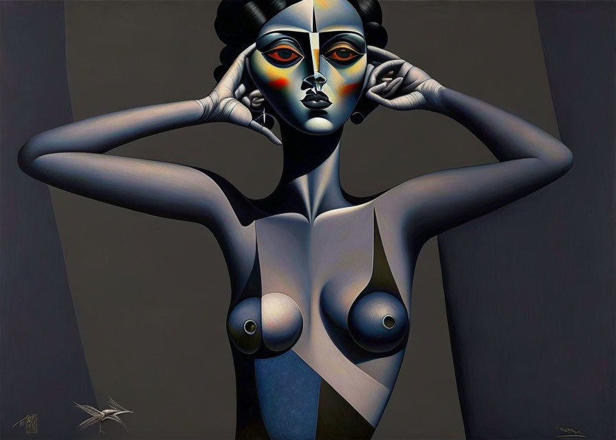 Geometric surrealistic female figure painting with exaggerated proportions