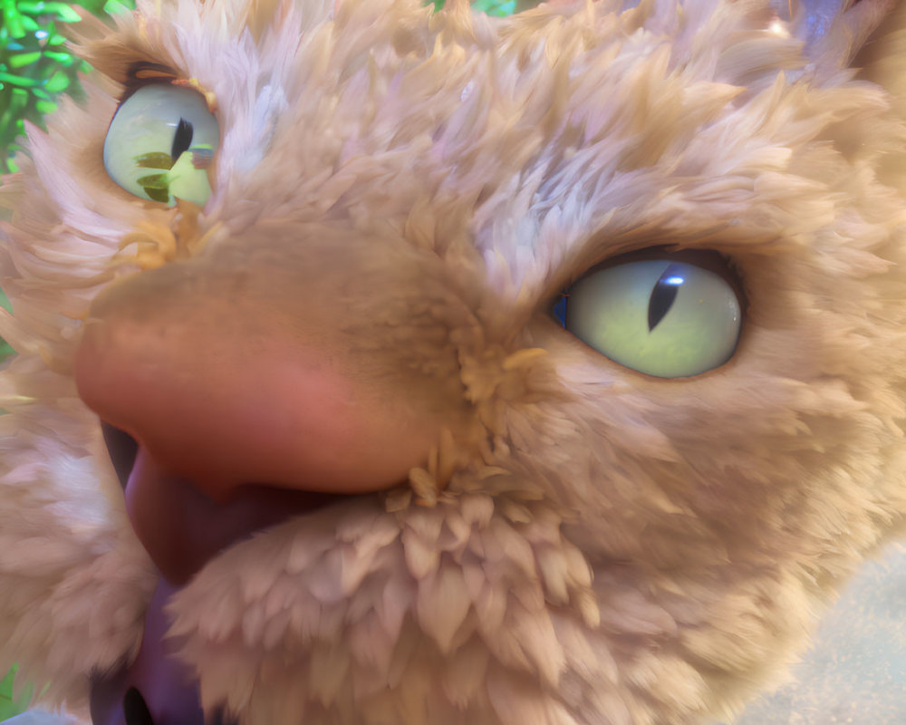 Furry animated creature with green eyes in glowing setting