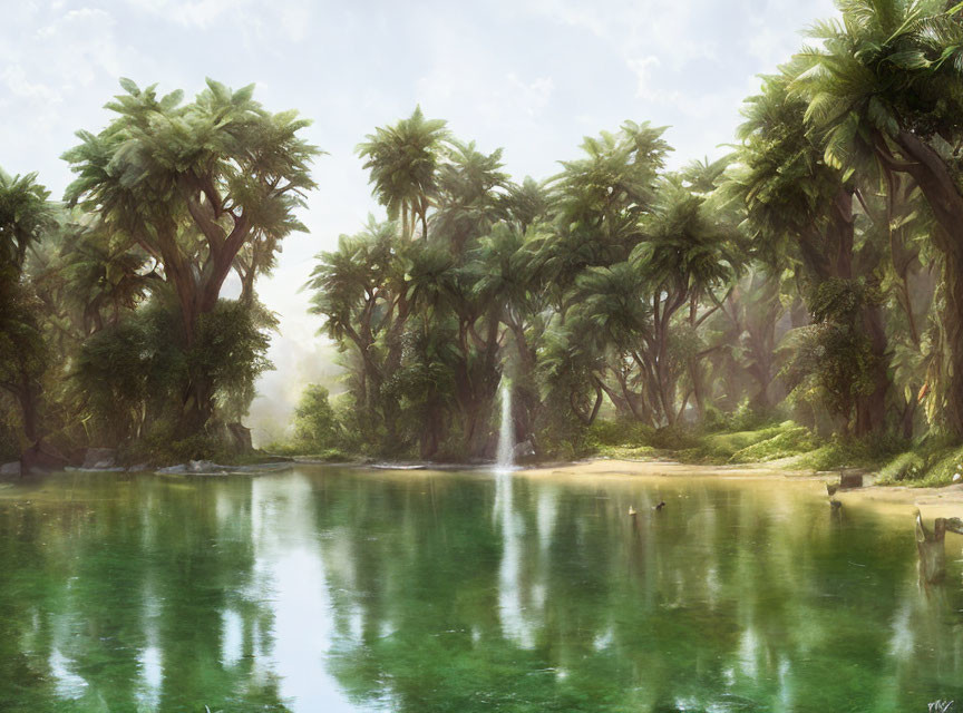 Tranquil tropical oasis with pond, palm trees, and waterfall