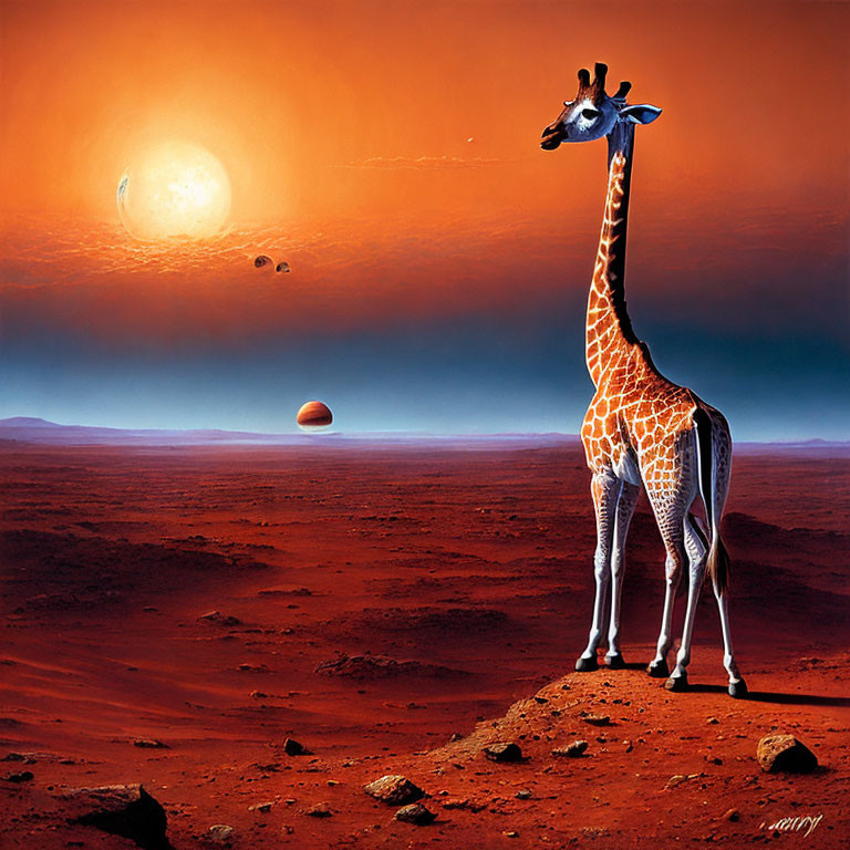 Giraffe on red Mars-like landscape with orange sky