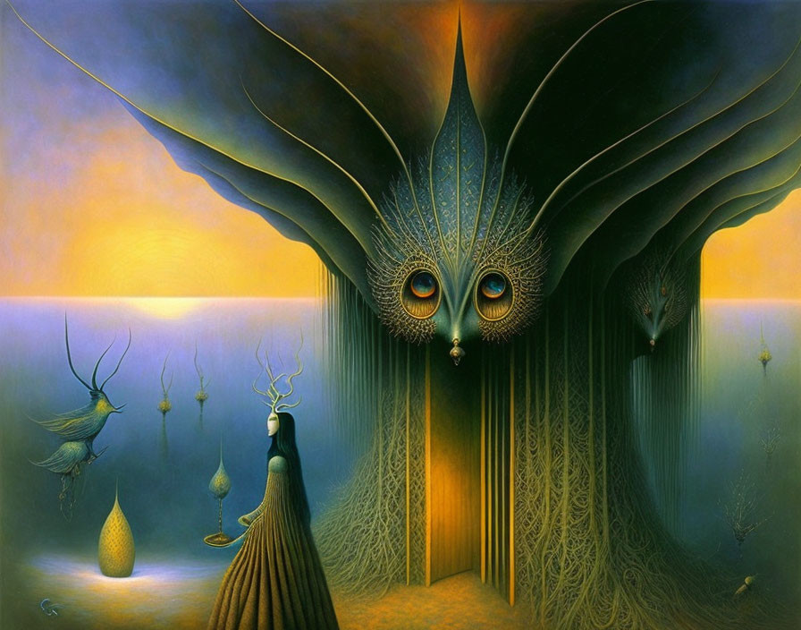 Surreal artwork: Peacock creature with eyes overlooking serene seascape