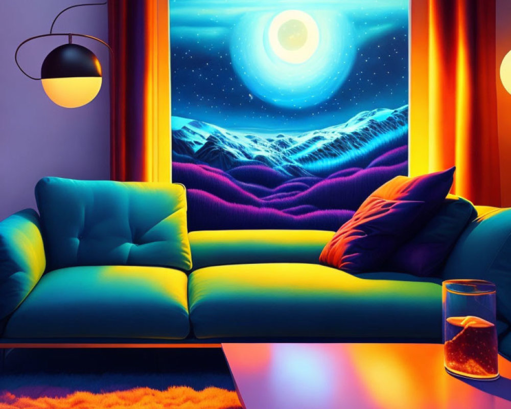 Colorful teal sofa and surreal night landscape wall art in futuristic room